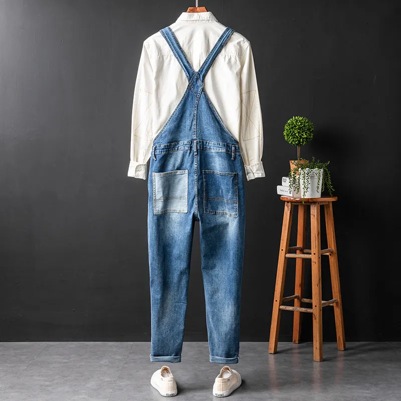 Men's Denim Distressed Bib Overalls Fashion Slim Fit Jumpsuit with Pockets