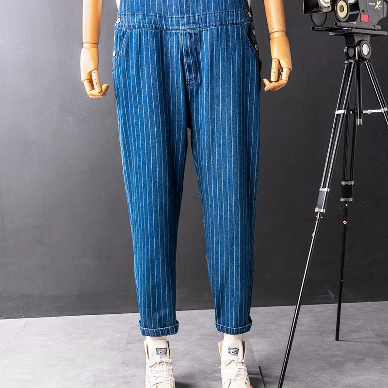 Men's Denim Stripe Bib Overalls with Slant Pocket Tapered Leg Casual Jumpsuit with Adjustable Straps