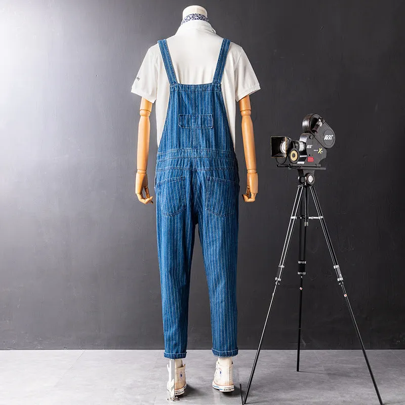 Men's Denim Stripe Bib Overalls with Slant Pocket Tapered Leg Casual Jumpsuit with Adjustable Straps