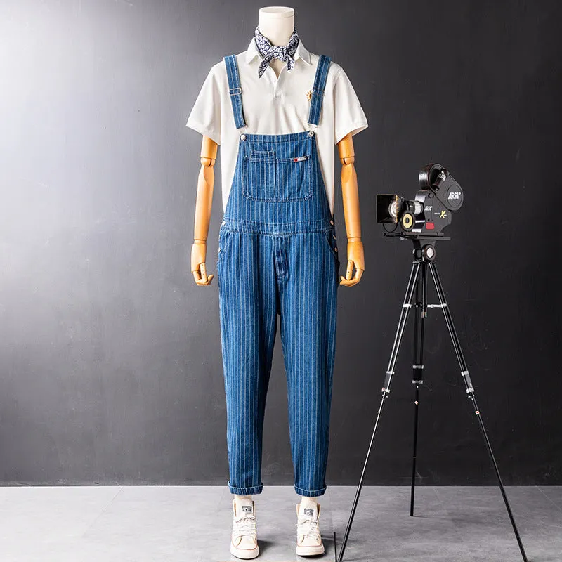 Men's Denim Stripe Bib Overalls with Slant Pocket Tapered Leg Casual Jumpsuit with Adjustable Straps