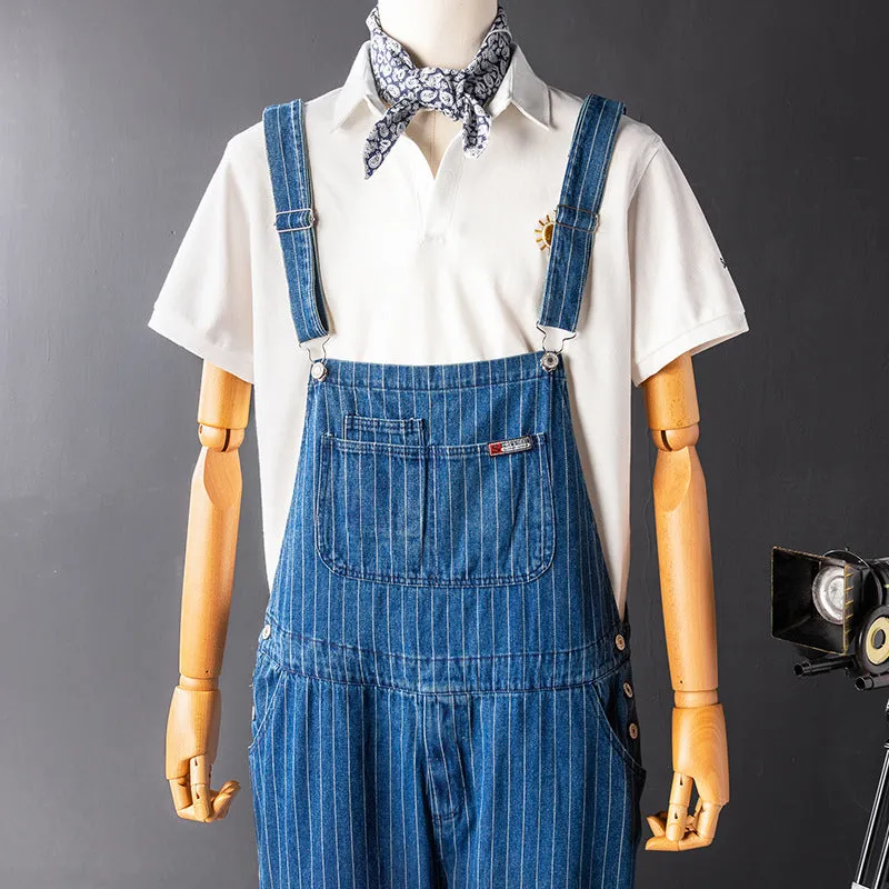 Men's Denim Stripe Bib Overalls with Slant Pocket Tapered Leg Casual Jumpsuit with Adjustable Straps