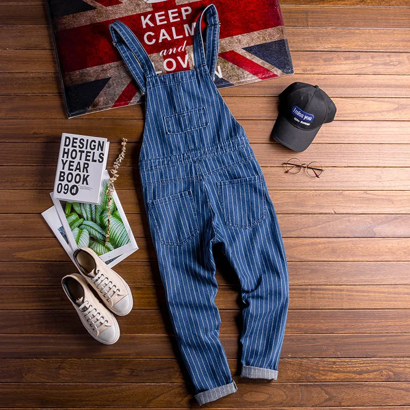 Men's Denim Stripe Bib Overalls with Slant Pocket Tapered Leg Casual Jumpsuit