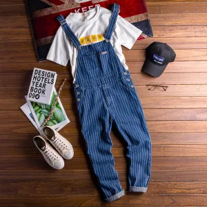 Men's Denim Stripe Bib Overalls with Slant Pocket Tapered Leg Casual Jumpsuit