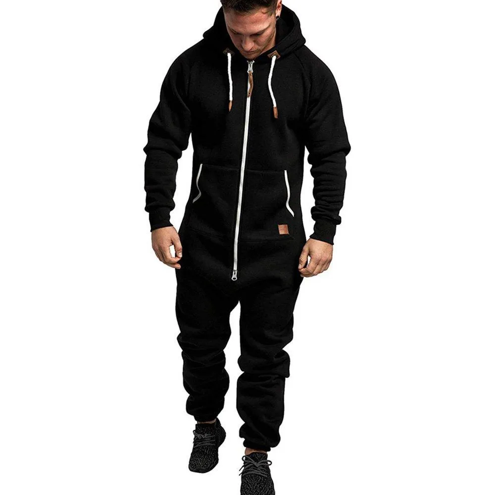 Mens Hooded Zip jumpsuits Onesies One Piece Overalls Tracksuit with Pockets