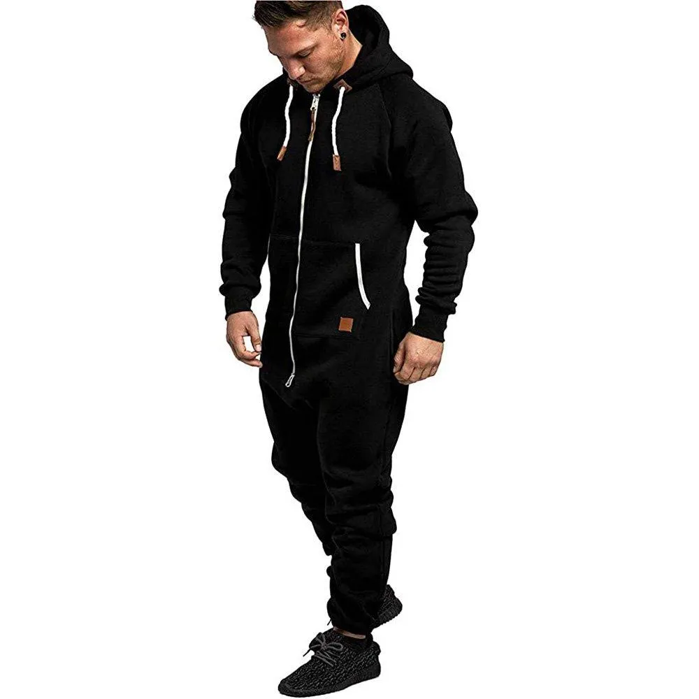 Mens Hooded Zip jumpsuits Onesies One Piece Overalls Tracksuit with Pockets