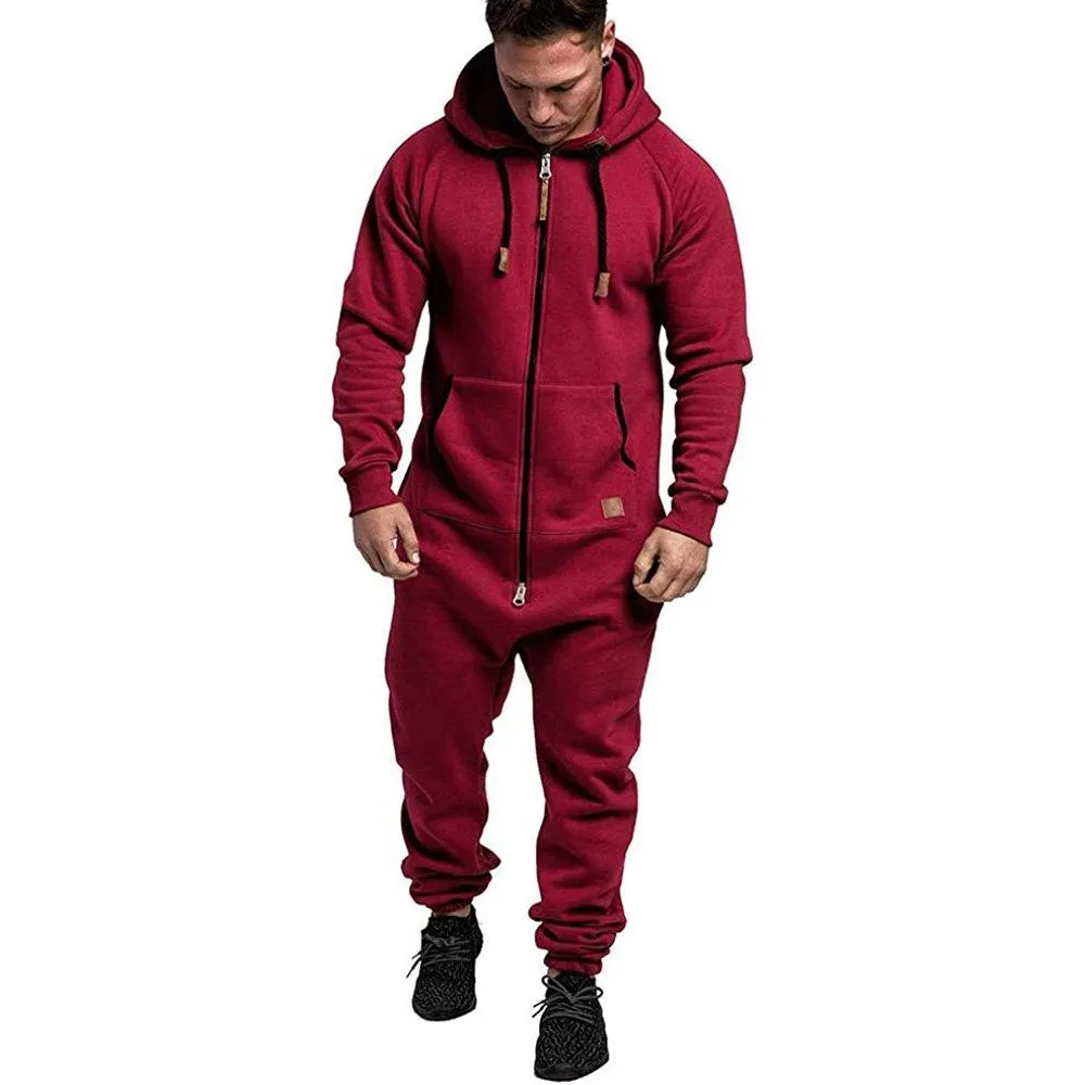 Mens Hooded Zip jumpsuits Onesies One Piece Overalls Tracksuit with Pockets