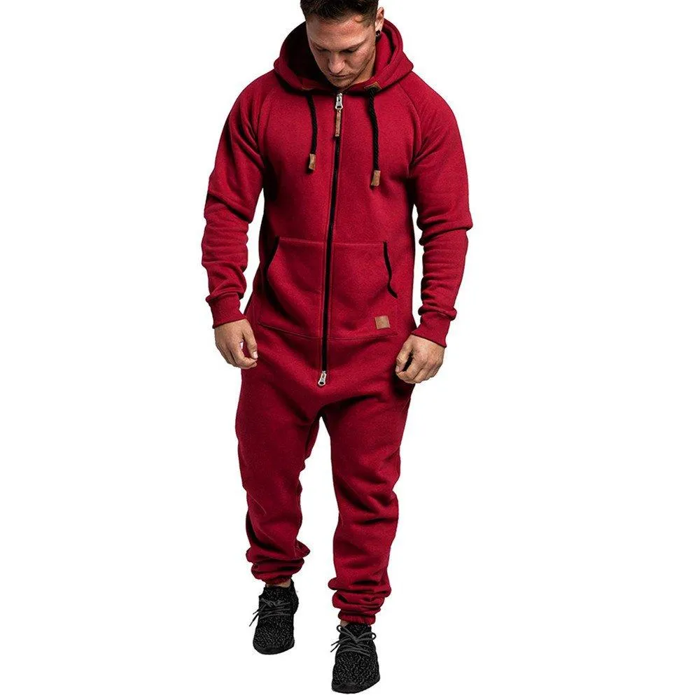 Mens Hooded Zip jumpsuits Onesies One Piece Overalls Tracksuit with Pockets