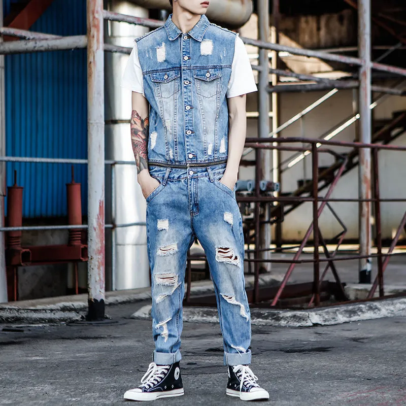 Men's Ripped Washed Jeans Summer Jumpsuit Workwear Jumpsuit Vest Sleeveless Denim Multifunctional Pocket