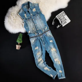 Men's Ripped Washed Jeans Summer Jumpsuit Workwear Jumpsuit Vest Sleeveless Denim Multifunctional Pocket