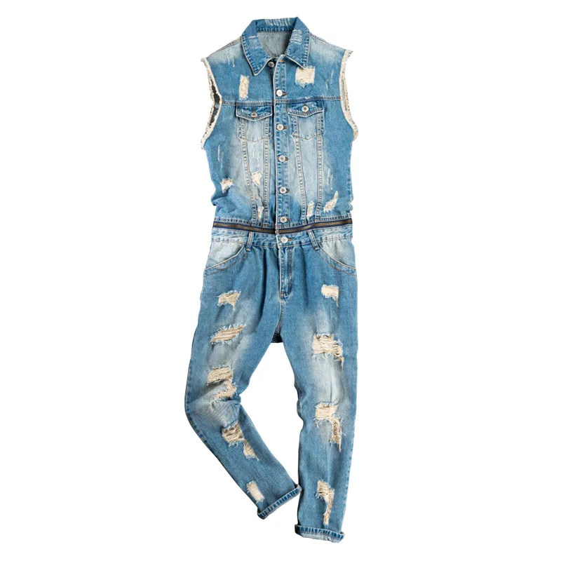 Men's Ripped Washed Jeans Summer Jumpsuit Workwear Jumpsuit Vest Sleeveless Denim Multifunctional Pocket