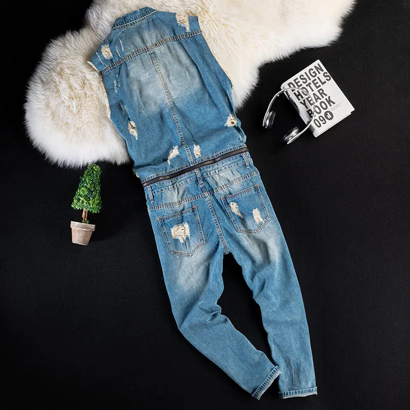 Men's Ripped Washed Jeans Summer Jumpsuit Workwear Jumpsuit Vest Sleeveless Denim Multifunctional Pocket