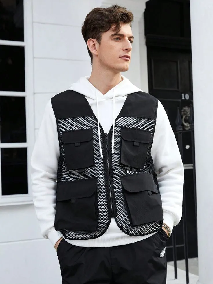 Mesh Fish Net Flap Pocket Vest Jacket For Men