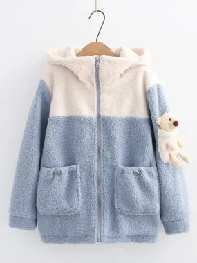 Metaversmall Women Wool & Blends Hooded Coats Jackets Sweet Style Cartoon Bear Appliques Harajuku Outerwear Winter Pockets Cute Tops