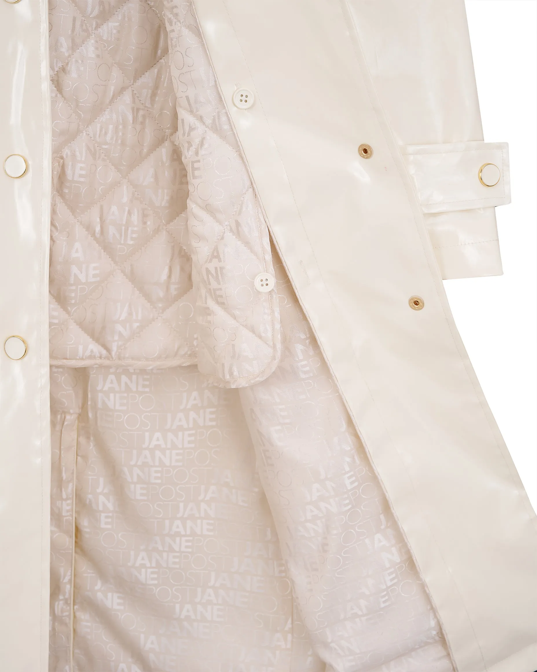 Mid Length hooded slicker coat with detachable quilted liner - Daisy White