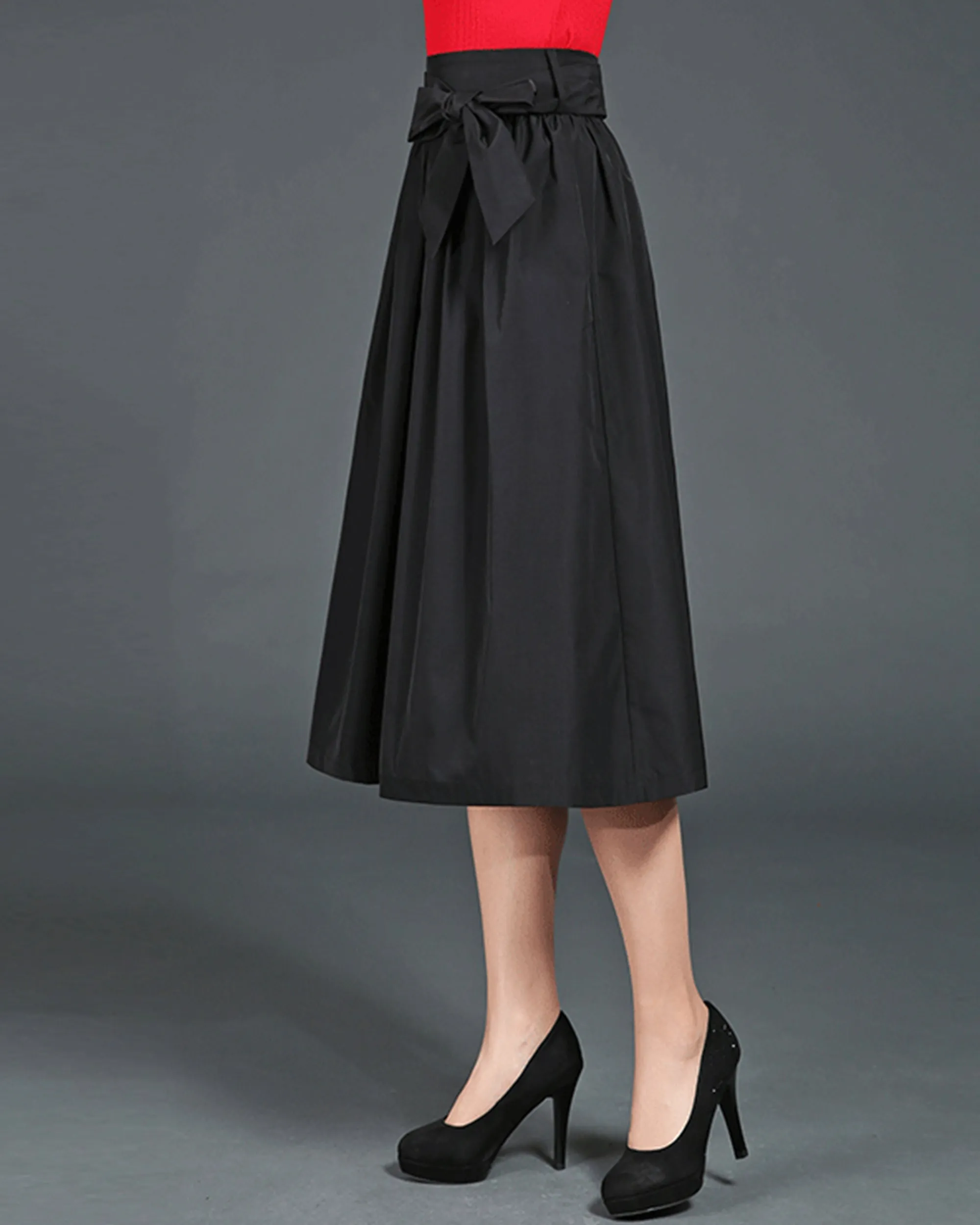 Midi skirt/Cotton skirt/A-line skirt/pleated skirt/dark blue skirt/elastic waist skirt/black skirt L0018