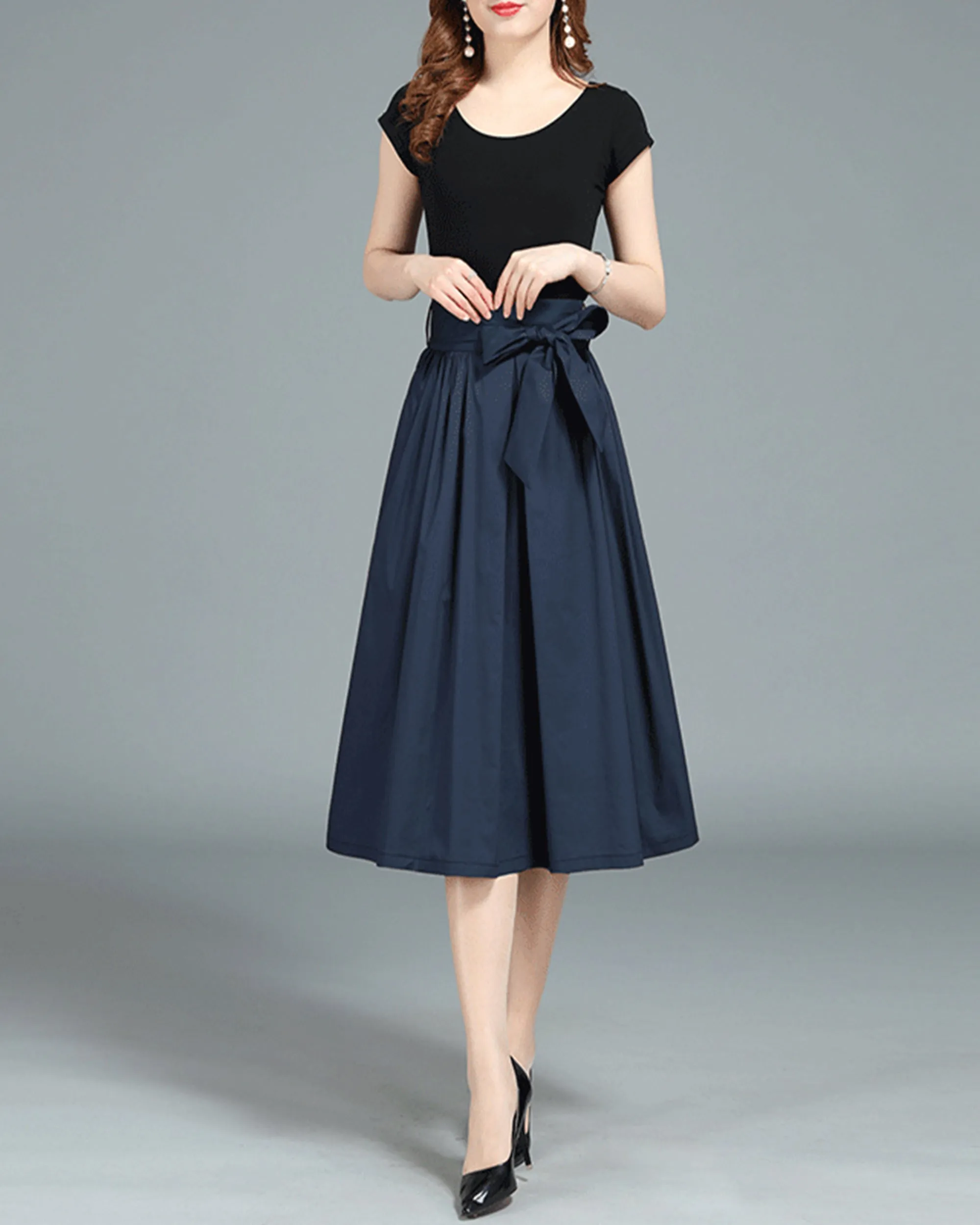 Midi skirt/Cotton skirt/A-line skirt/pleated skirt/dark blue skirt/elastic waist skirt/black skirt L0018