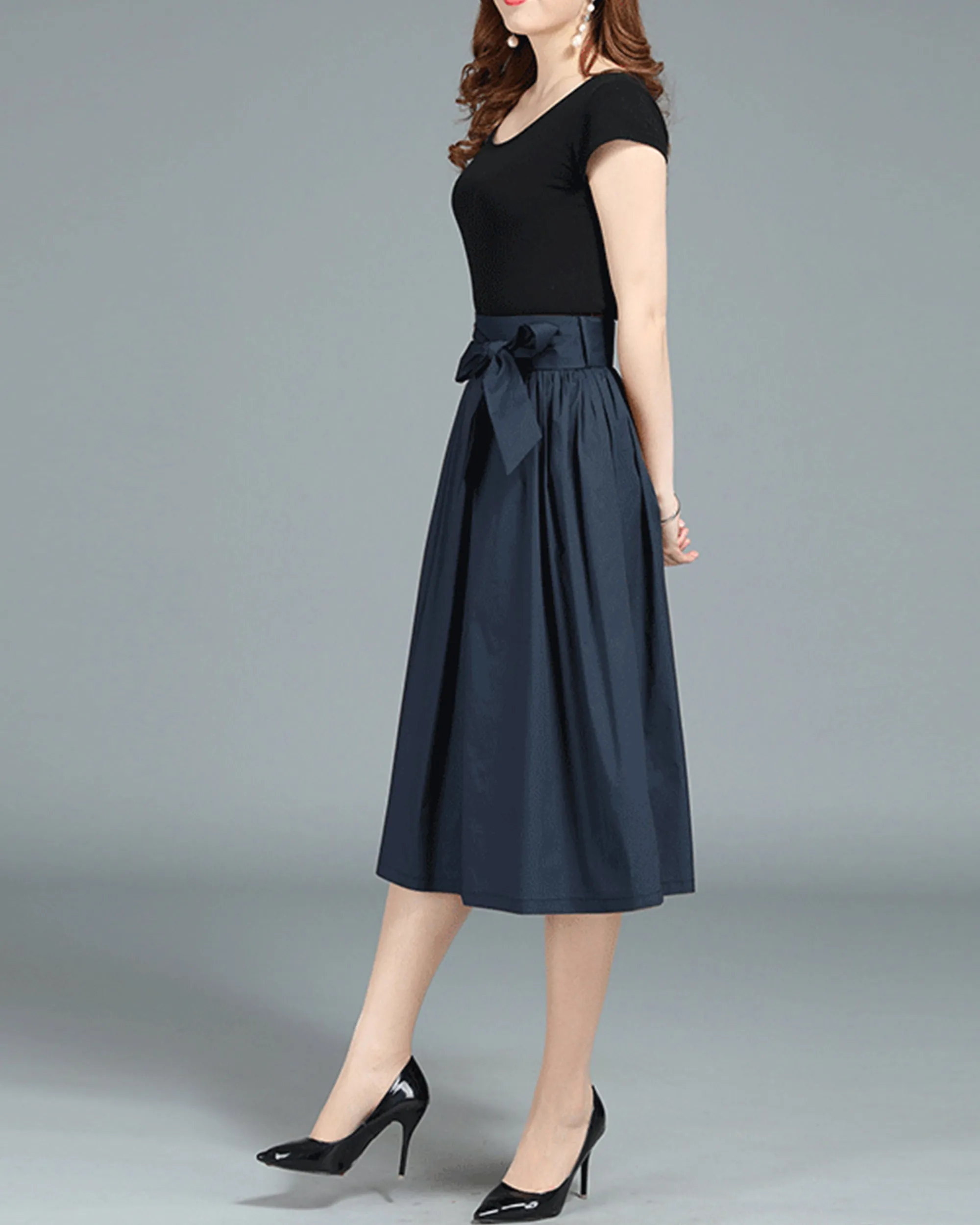 Midi skirt/Cotton skirt/A-line skirt/pleated skirt/dark blue skirt/elastic waist skirt/black skirt L0018