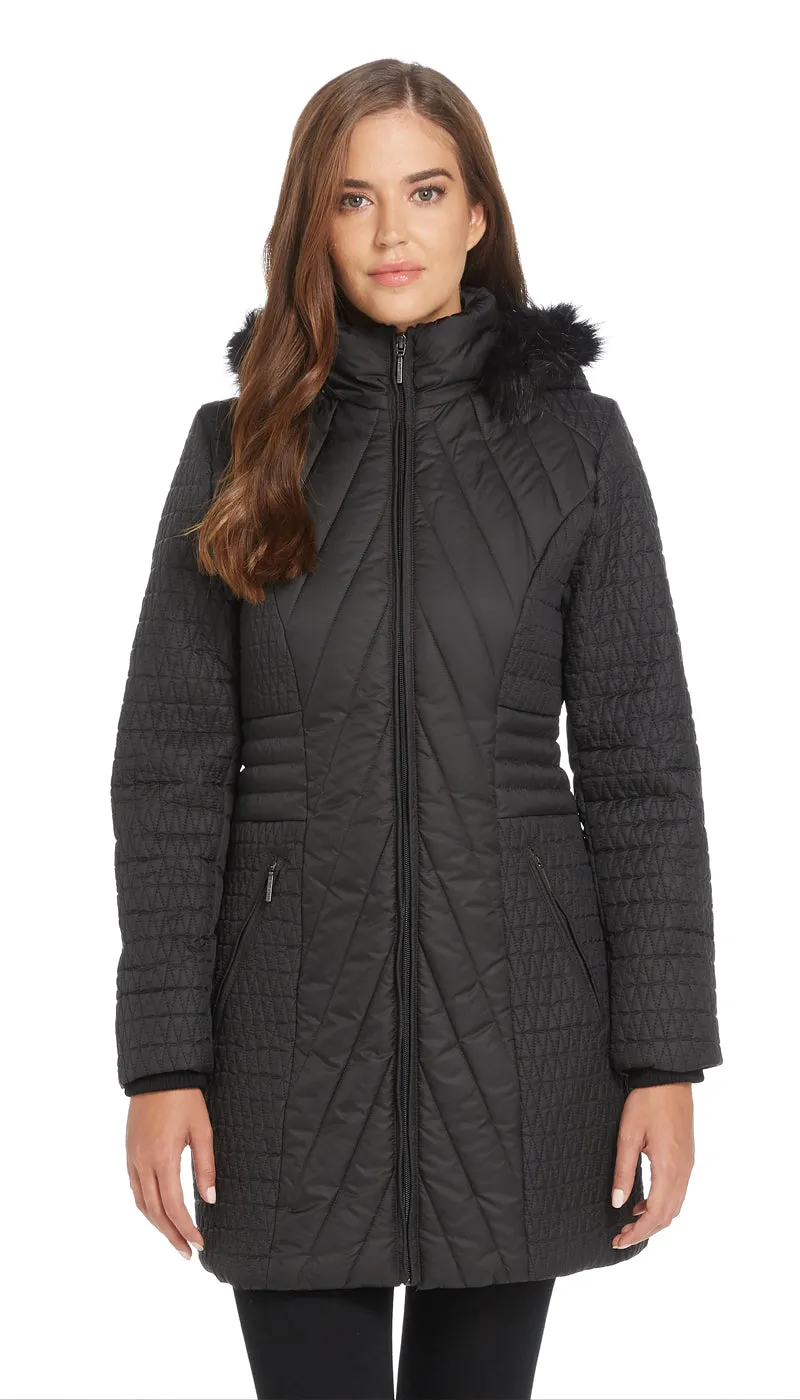 MIXED QUILTED 3/4 PUFFER COAT