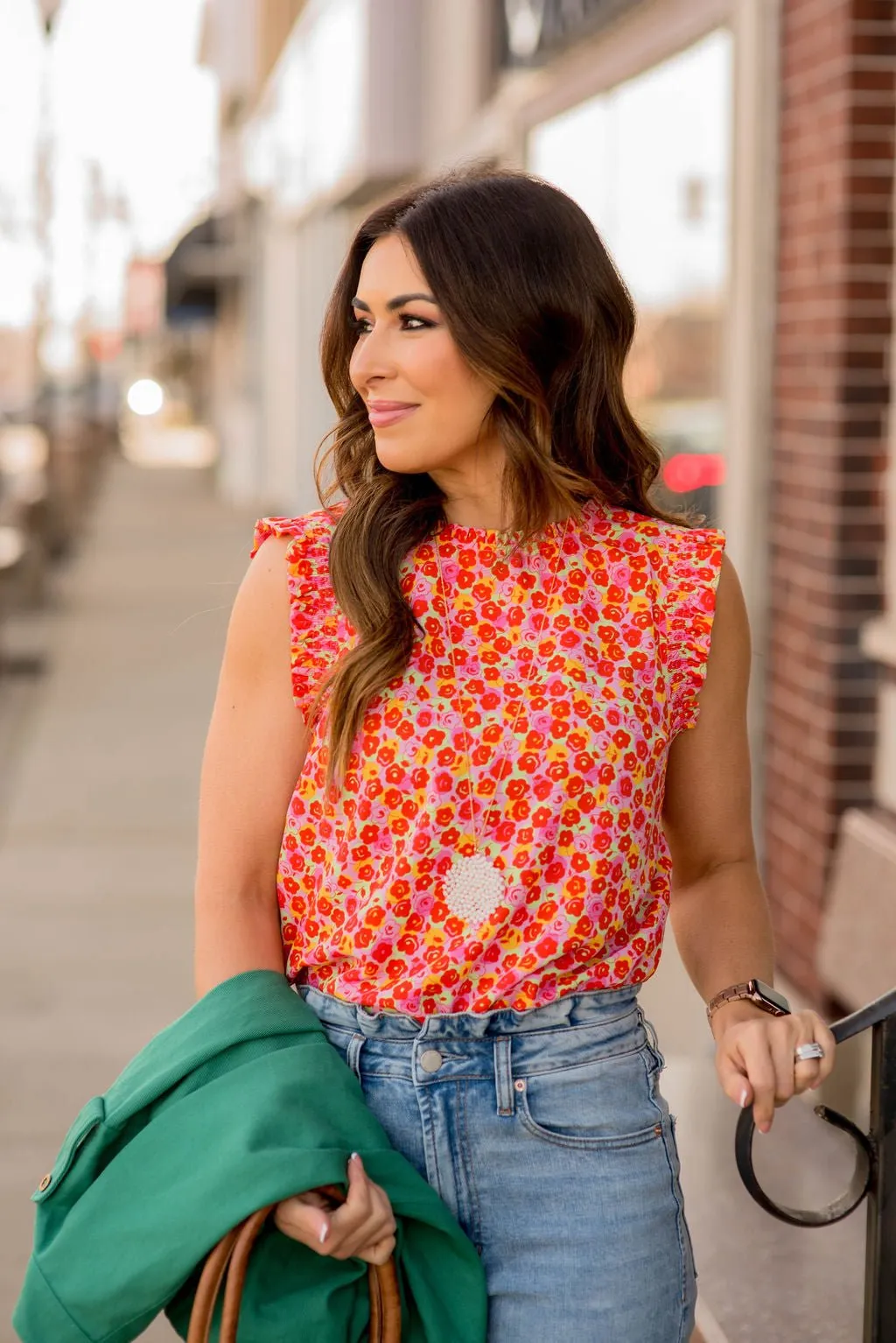 Modern Blooms Ruffle Trim Tank