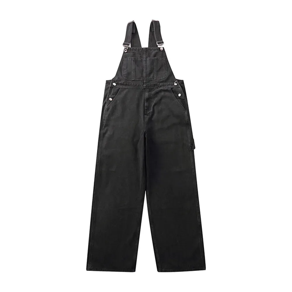 Multi-Pocket Denim Overalls Casual Distressed Bib Trousers Solid Color Jumpsuit