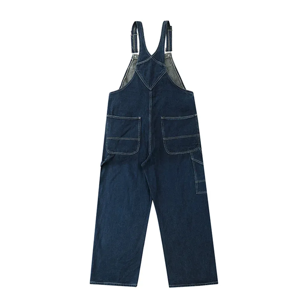 Multi-Pocket Denim Overalls Casual Distressed Bib Trousers Solid Color Jumpsuit