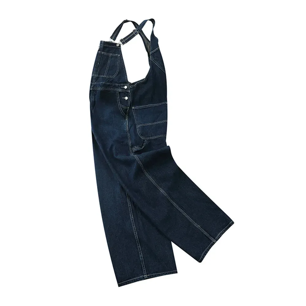 Multi-Pocket Denim Overalls Casual Distressed Bib Trousers Solid Color Jumpsuit