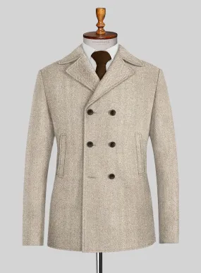 Naples Wide Herringbone Beige Tweed Pea Coat