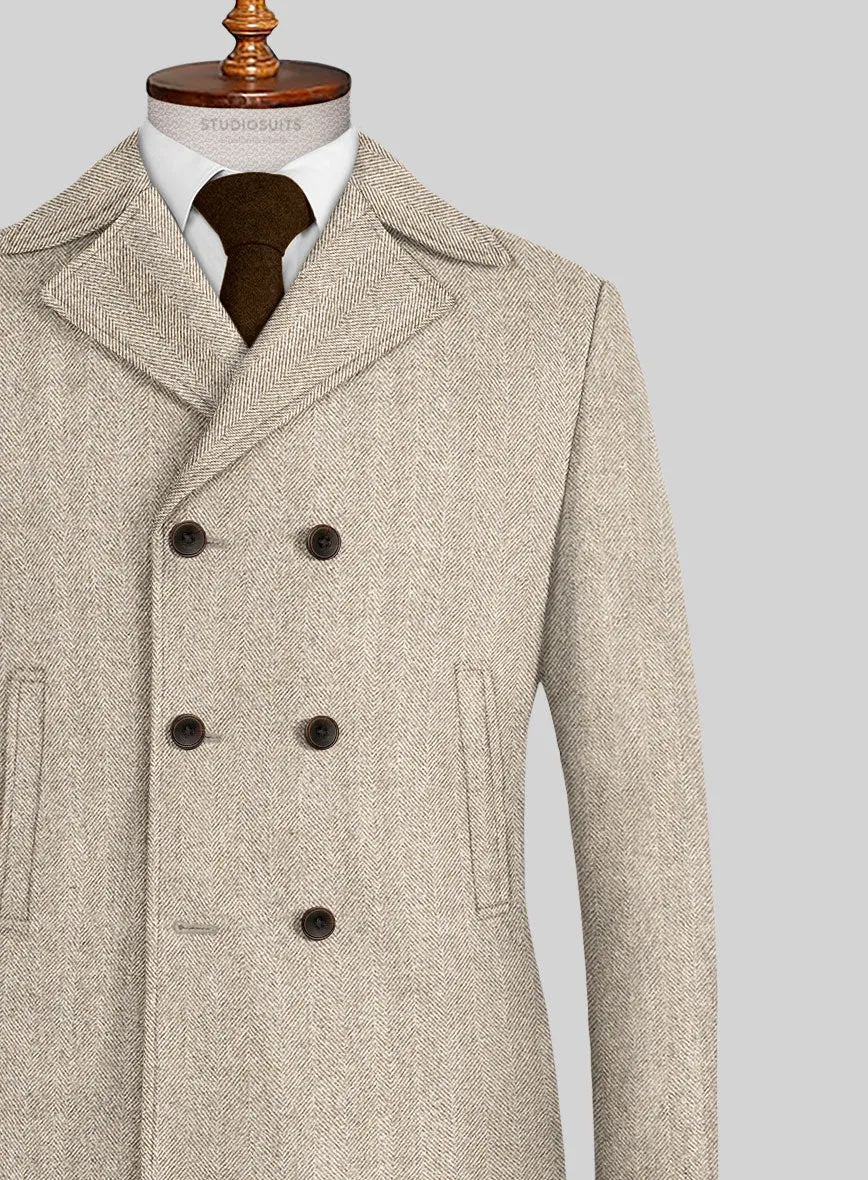 Naples Wide Herringbone Beige Tweed Pea Coat