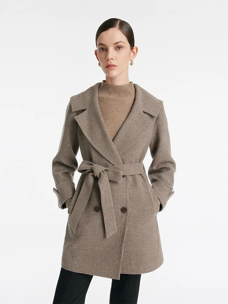 Navy Collar Mid-Length Lapel Women Coat With Belt