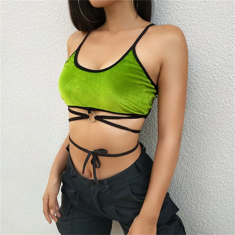 Neon velvet crop top streetwear halter backless cami