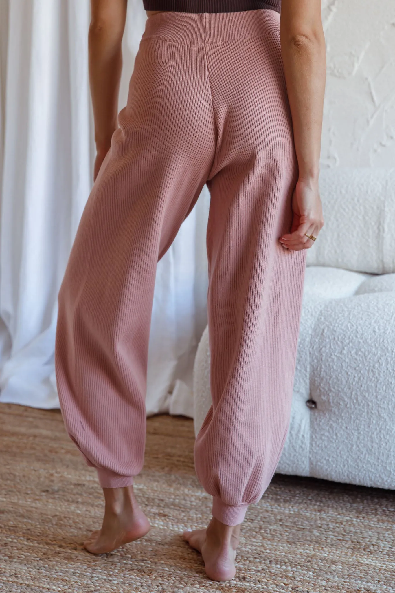 New Soul Drawstring Ribbed Knit Jogger Pants Blush