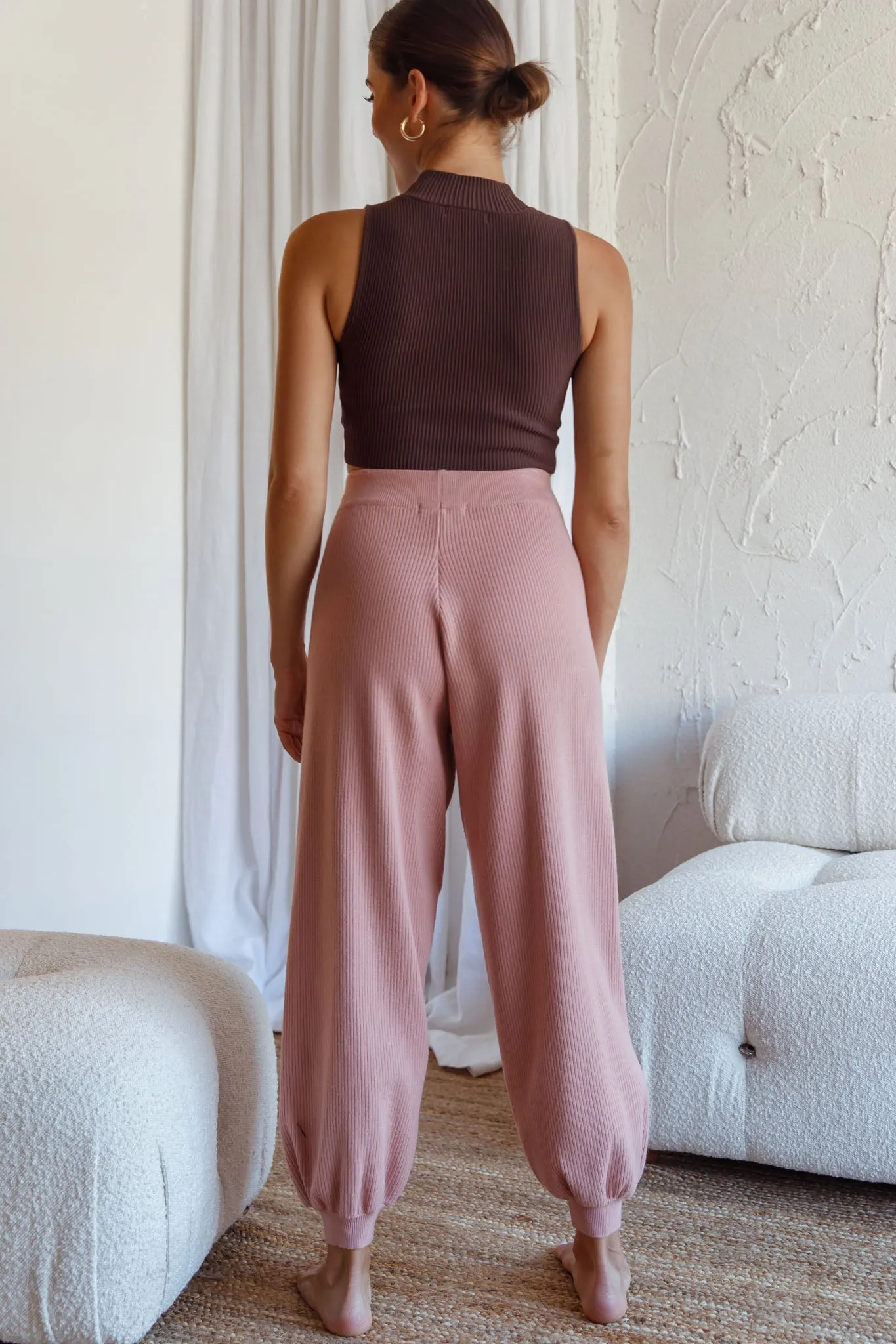 New Soul Drawstring Ribbed Knit Jogger Pants Blush