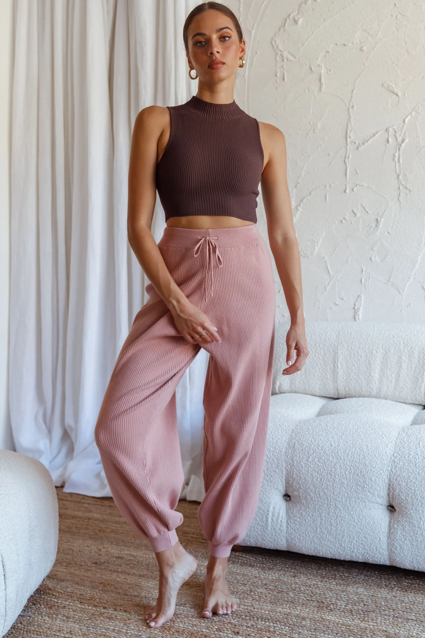 New Soul Drawstring Ribbed Knit Jogger Pants Blush