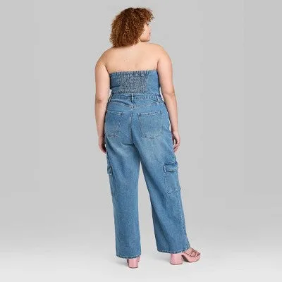 New - Women's Tube Cargo Denim Jumpsuit - Wild Fable Medium Wash 4X