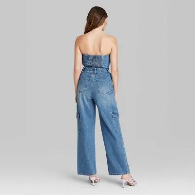 New - Women's Tube Cargo Denim Jumpsuit - Wild Fable Medium Wash XS