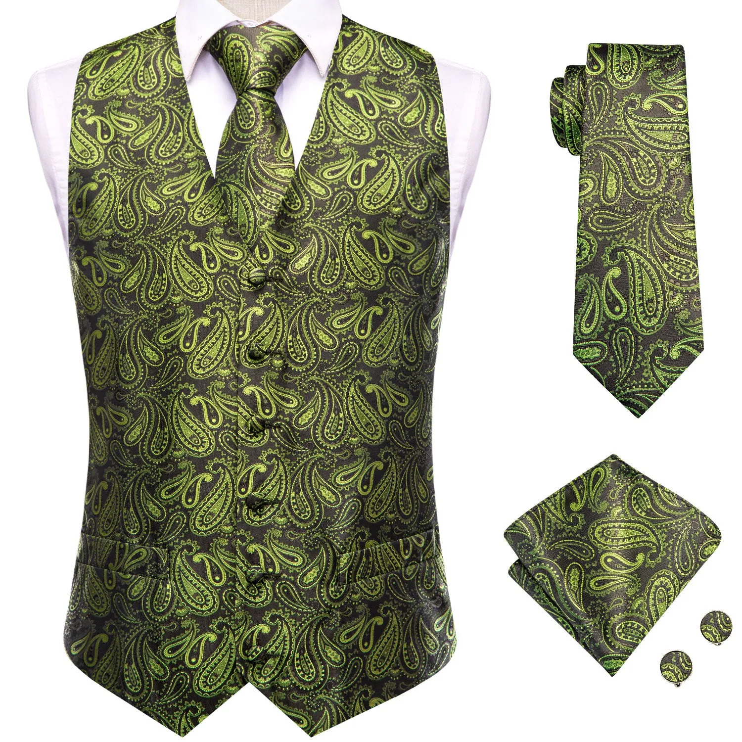 Olive Green Paisley Men's Vest Hanky Cufflinks Tie Set