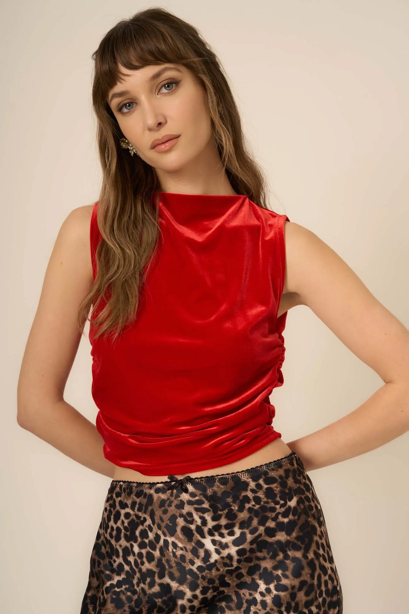 On Repeat Ruched Side Velvet Tank - Candy Red