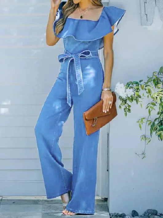 One-Shoulder Ruffled Belted Jumpsuit