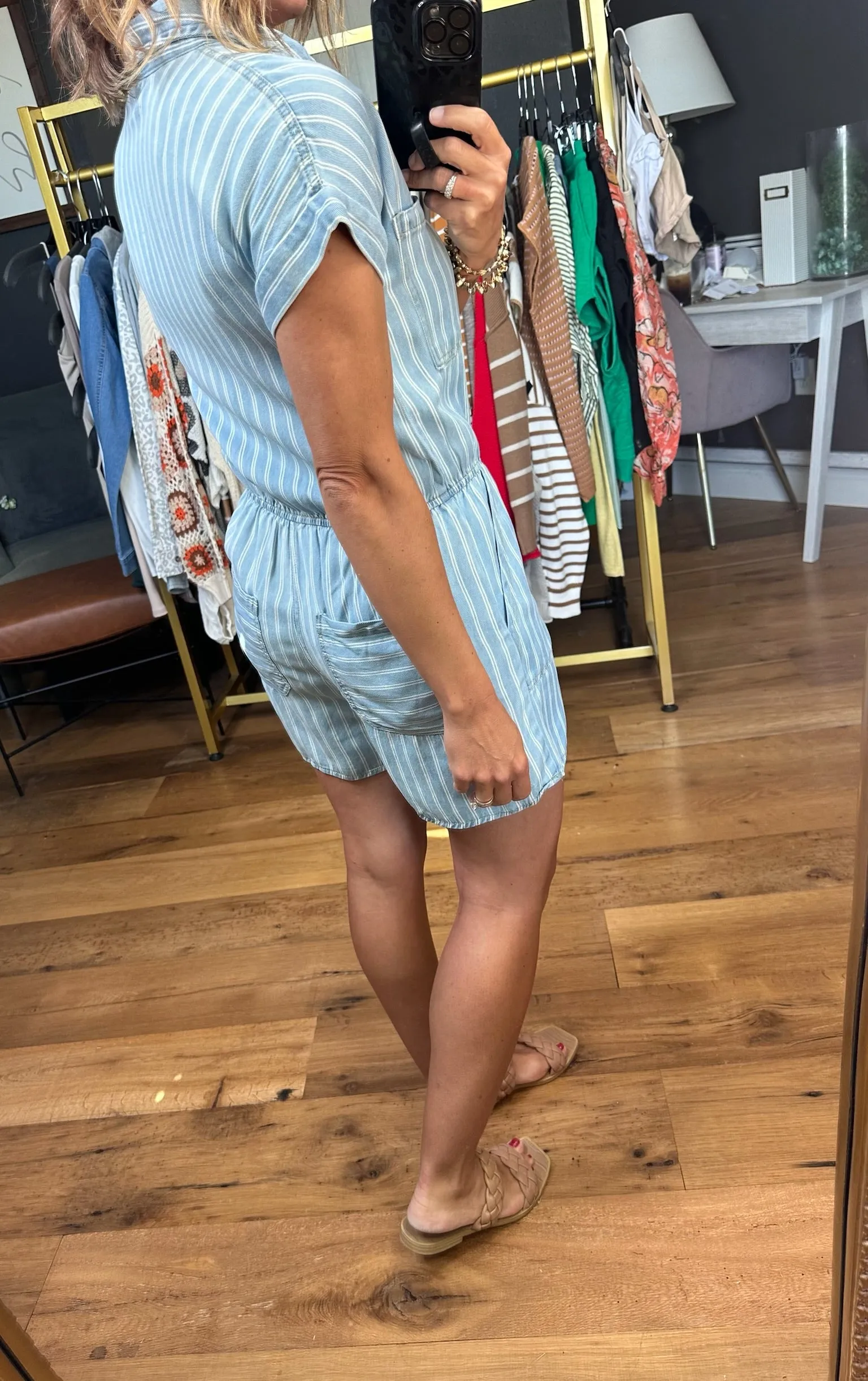 Out of the Ordinary Striped Button Romper - Denim