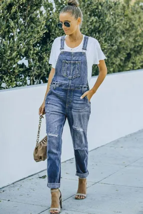 Penny Pocketed Distressed Denim Overalls