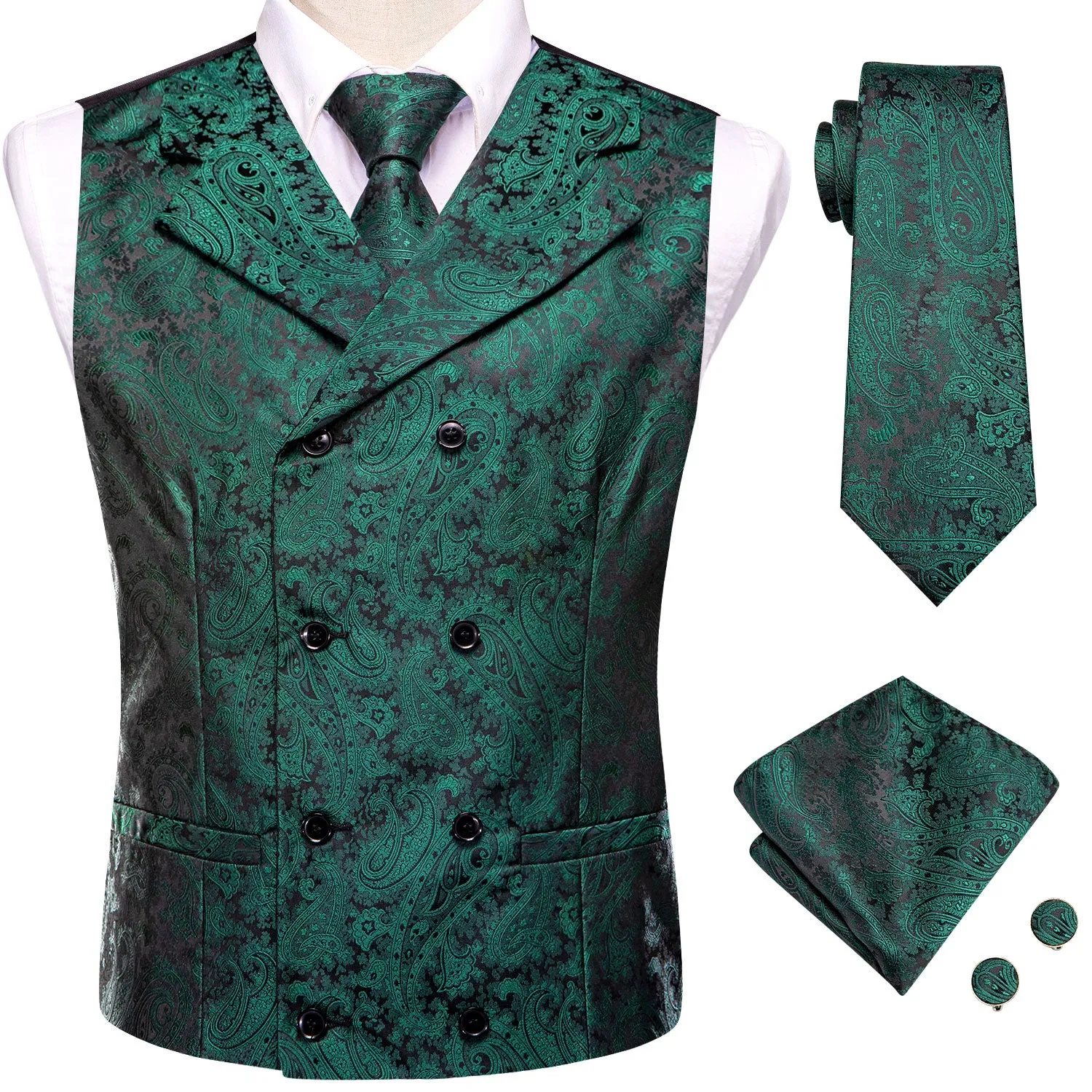 Pine Green Paisley Men's Collar Vest Hanky Cufflinks Tie Set