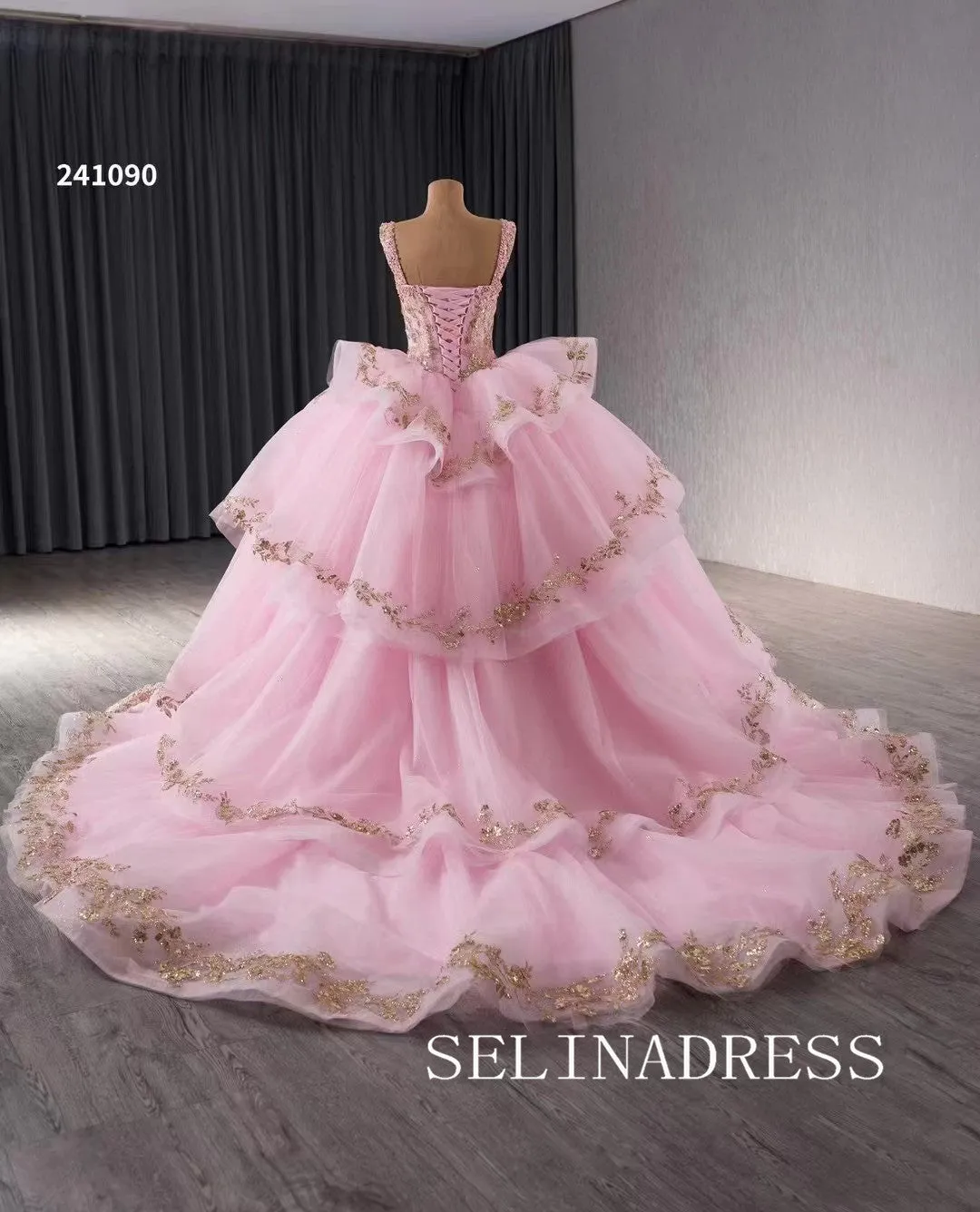 Pink Beaded Sequins Wedding Dresses Straps Quinceanera Dress With Bowknot 241090