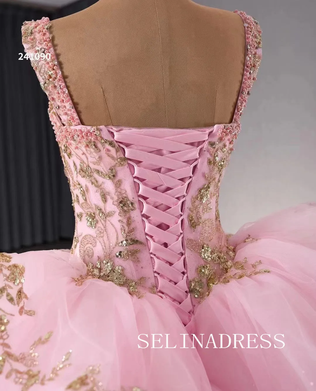 Pink Beaded Sequins Wedding Dresses Straps Quinceanera Dress With Bowknot 241090