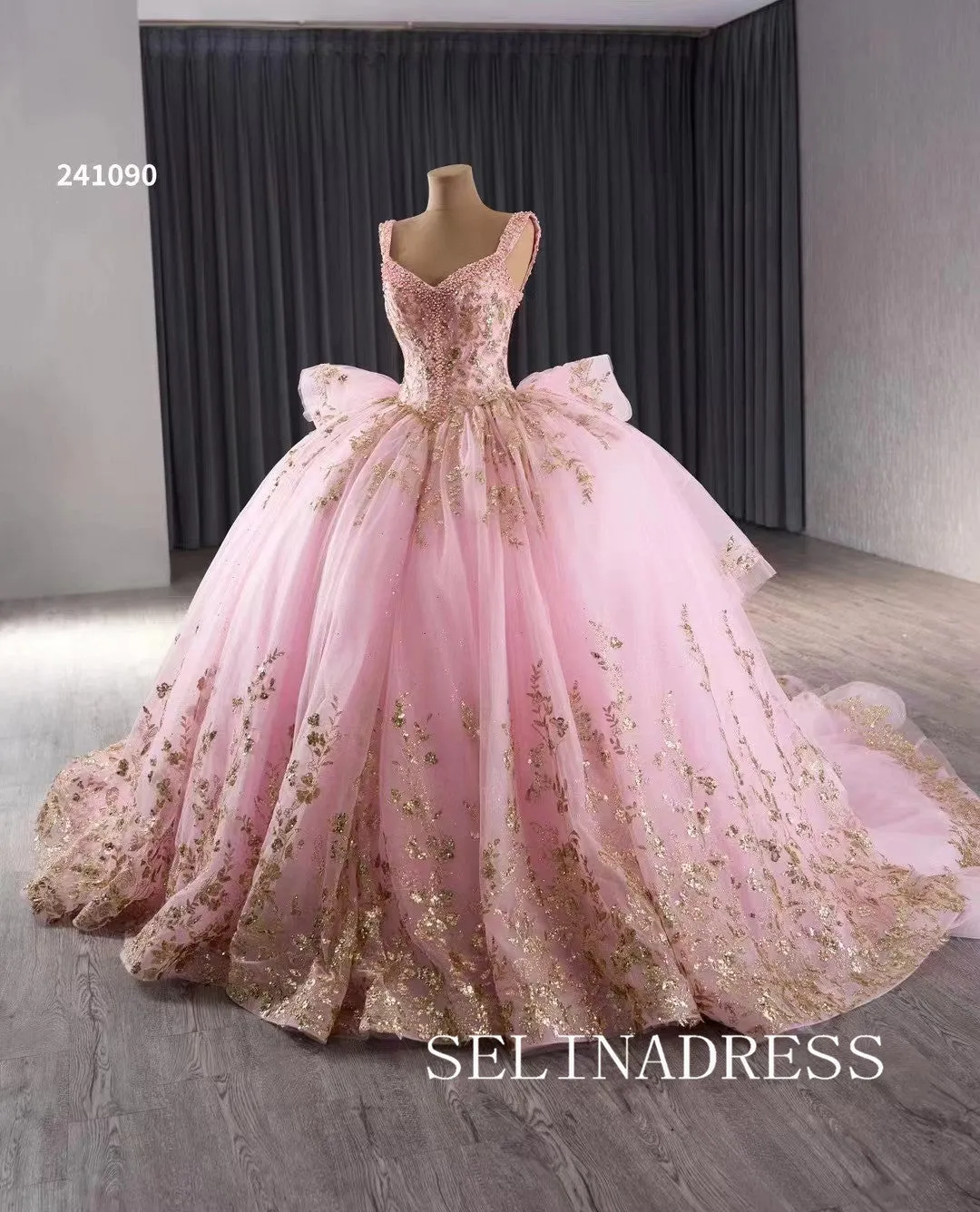 Pink Beaded Sequins Wedding Dresses Straps Quinceanera Dress With Bowknot 241090