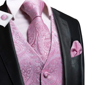 Pink Paisley Silk Men's Vest Hanky Cufflinks Tie Set Waistcoat Suit Set