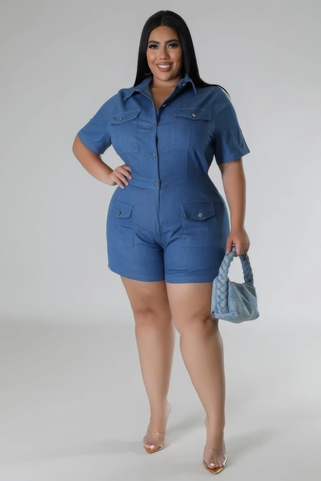 Plus Size Semi-Stretch Denim Romper