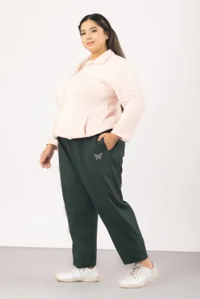 Plus Size Winters Cozy Fleece Track Pants For Women - Bottle Green