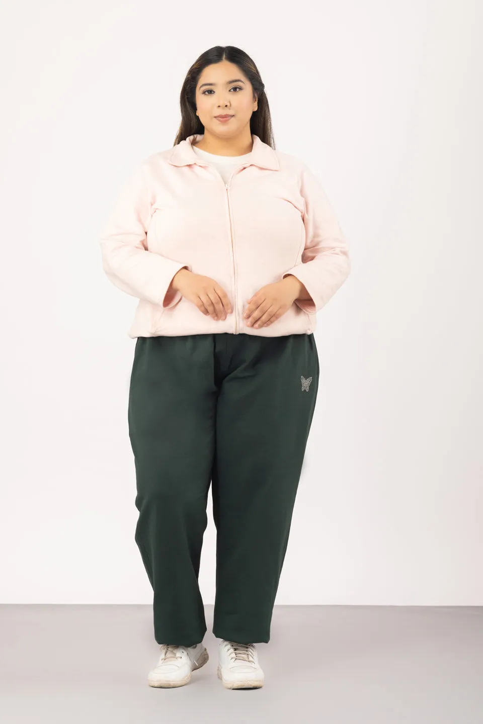 Plus Size Winters Cozy Fleece Track Pants For Women - Bottle Green