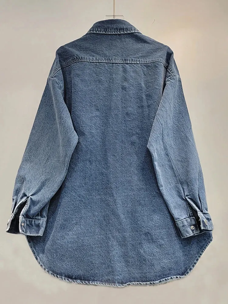 Pre Order:  Diamond Pocket Long Sleeve Loose Denim Shirt