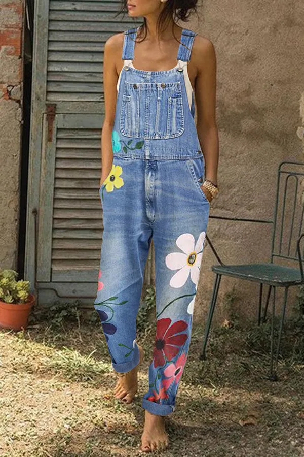 Printed Pockets Denim Jumpsuit